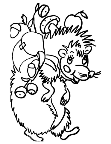 Online coloring book: Coloring book hedgehog walking with fruits